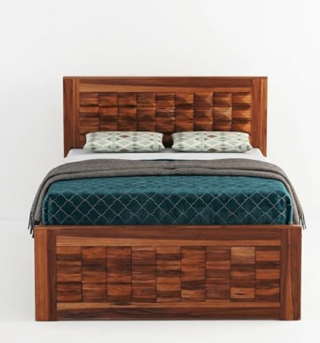Image of Solid Sheesham Wood Single Size Bed with Storage|Wooden Box Single Size Cot Bed with Storage Box for Home,Bedroom,Hotel,Living Room|3D Diamond Hand-Carved Design Headboard|Honey Finish