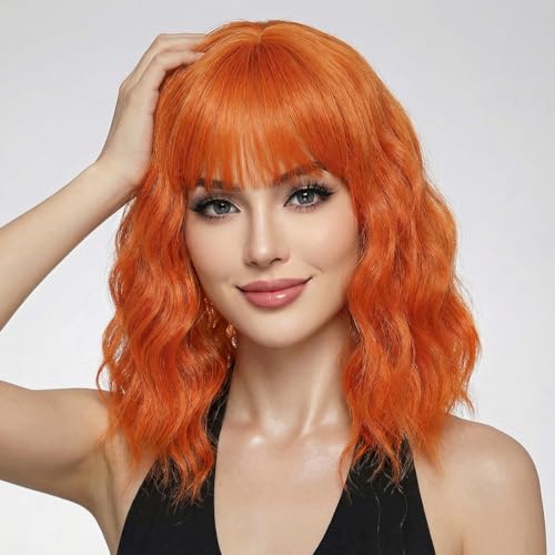 Image of Pastel Ginger Wavy Bob Wig for Women, Short Shoulder Length Synthetic Wig with Bangs, Matte Natural Realistic Look Lightweight Hairpiece, Ginger Color for Daily Wear & Cosplay Costume