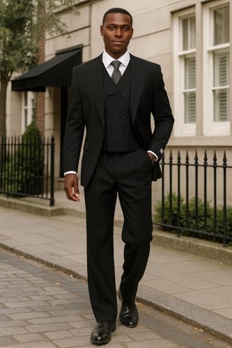 Mens Tiglio Rosso Suit - Wide Leg Baggy Pants - 100% Wool Black Three-Piece Suit with Double-Breasted Vest and Peak Lapel4
