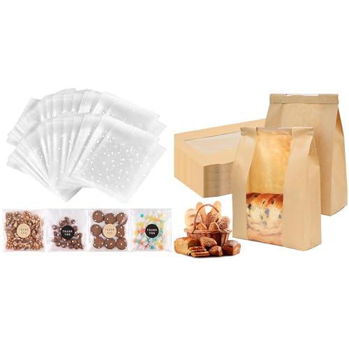 Bundle of 200PACK Self Adhesive Cookie Bags and 150 Pack Sourdough Bread Bags for Toast Sandwich Cookie Snacks Packaging Storage
