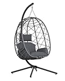 SWITTE Hanging Egg Chair with Stand, Outdoor Indoor Rattan Wicker Egg Swing Chair with Cushion, Heavy Duty Patio Hammock Chairs for Garden Backyard Balcony Bedroom, 400LBS Capacity, Dark Grey