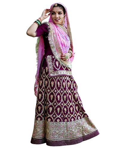 Image of Heavy Embroidery Work Semi Stitched Shimmer Silk Rajputi Poshak For Women Rajasthani Lehenga Choli