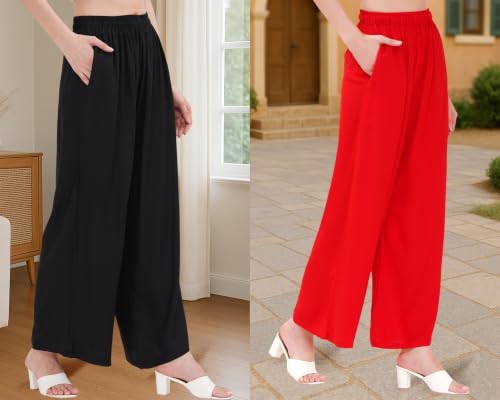 Image of Buy That Trendz Palazzo Pants for Women Rayon Elasticated Regular Fit Flared Wide Leg M to 6XL Pack of 2
