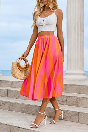 Image of Cicy Bell Womens Summer Striped Maxi Skirts A-Line Beach Vacation Outfits | Elastic Waist, Side Pockets, Flowy, Midi Length, Color Contrast, Trendy Casual