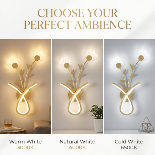 Image of Wall Light 3-Color CCT (Warm + Natural + Cold White) LED Gold Floral Vase Design Metal Acrylic Wall Lamp for Bedroom Living Room