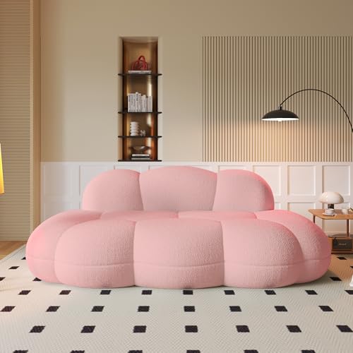 90" Curved Pink Boucle Couch, Comfy Cloud Shaped Boneless Couches for Living Room, Modern Deep Seat Loveseat Lazy Floor Sofa for Bedroom, Apartment, Small Space (No Assembly)