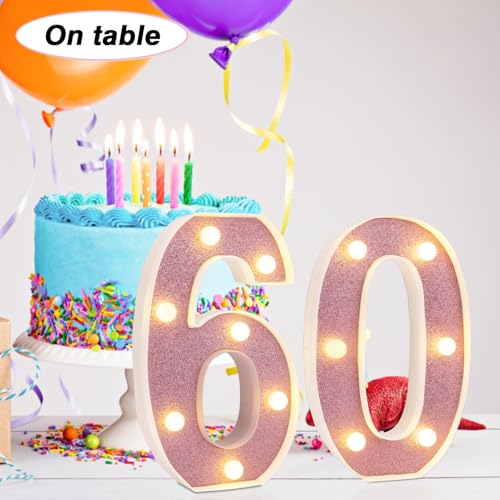 Image of Led Light Up Numbers, 60th Birthday Decorations, Marquee Numbers Lights, Battery Powered Light Up Sign for 30 Decor Party (Pink Glitter)
