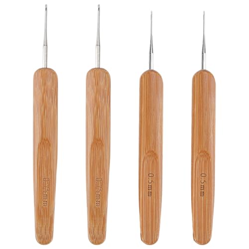 BEAMARKER 4 crochet pour Dreadlocks de 0.5/0.75mm avec Poignées en Bambou Aiguilles à Tresser pour Tresser Tisser Entretenir les Dreadlocks Outils de...