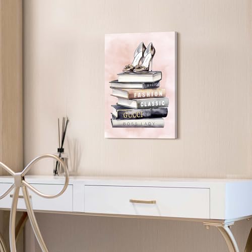 Image of HILL WEST Pink Modern Canvas Wall Art - Glam Fashion Magazine Picture Prints Stacked Book & High Heels Painting Contemporary Artwork for Girl's Room Bedroom