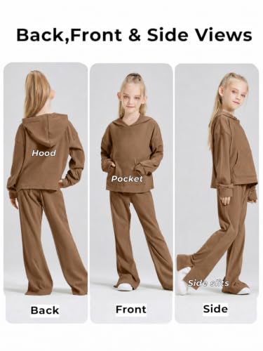 Image of Girls 2 Piece Hoodie Bell Bottom Sweatsuit Fall Outfit Set | Long Sleeve,front pocket,side-slit flare,machine washable,soft rayon-blend,skin-friendly,stretchy,durable