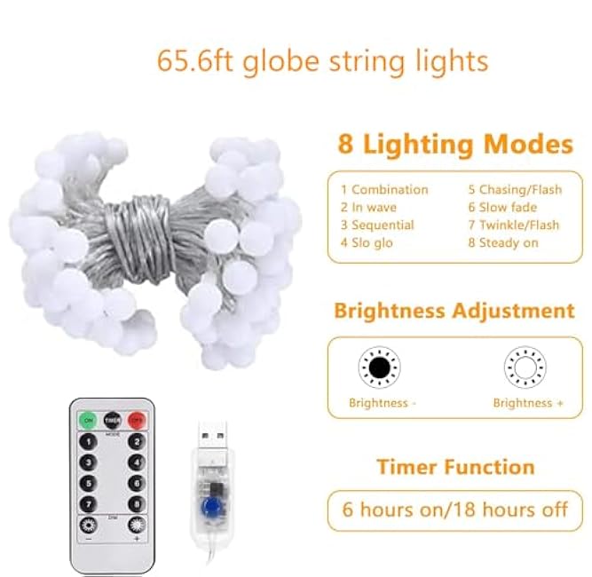 Globe String Lights 65.6 Ft. 120LEDs 8 Modes with Remote,USB Fairy Lights Plug in,Waterproof LED String Lights for Indoor Outdoor Bedroom Party Wedding Garden Christmas Tree Decor,Warm White