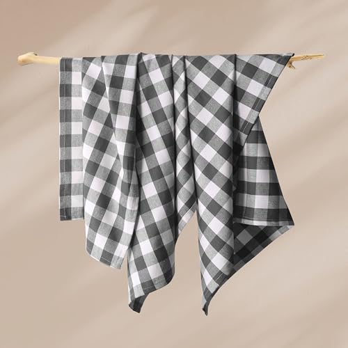 Image of Gingham Checked Kitchen Towels 12 Pack, 18 inchx26 inch, 100% Cotton, Absorbent Dish Towel for Kitchen Drying, Reusable Dishcloths Set for Cleaning, Quick Dry Wash Rags - Grey, White