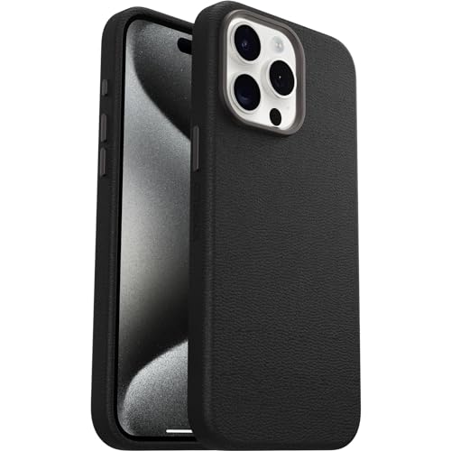 Image of OtterBox iPhone 15 Pro Max Symmetry Series Cactus Leather for MagSafe - Noir ASH (Black), Snaps to MagSafe, Ultra-Sleek, Raised Edges Protect Camera & Screen