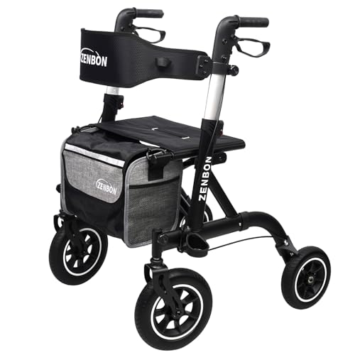 Rollator Walker for Seniors/Adults Foldable Rolling Walker with Seat 330 lbs Capacity 10 inch Wheels Hand Grips Adjustable Height Lightweight Aluminum Walker Removable Back Support 7210(Black)