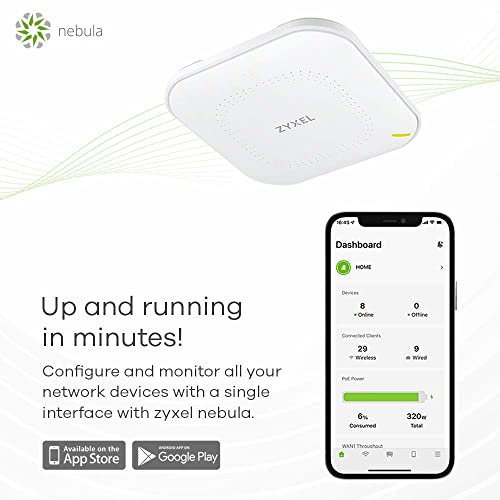 Zyxel Cloud WiFi6 AX1800 Wireless Access Point (802.11ax bi-bande), 1,77 Gb/s, Nebula app, Cloud ou autonome, PoE, Alimentation [NWA50AX]