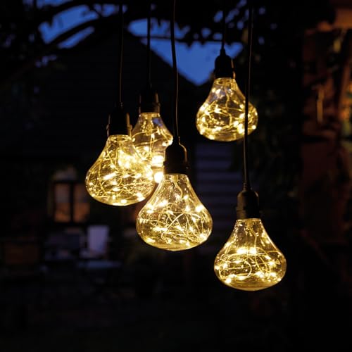 Battery Powered Bubbles 5 Drop Pendant Light with Warm White LED’s – Weatherproof Indoor Outdoor Home Garden Hanging Staggered Height Lighting for Patio, Decking, Balcony, Yard, Pergola, Tent