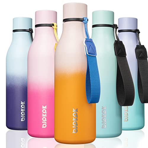 Image of BJPKPK Insulated Water Bottles, 18 oz Stainless Steel Metal Water Bottle with Strap, BPA Free Leak Proof Jugs, Mugs, Flasks, Reusable Thermal Flasks for Sports & Travel, Coral