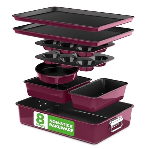 NutriChef 8-Piece Nonstick Stackable Bakeware Set - PFOA, PFOS, PTFE Free Baking Tray Set w/Non-Stick Coating, 450&deg;F Oven Safe, Round Cake, Loaf, Muffin, Wide/Square Pans, Cookie Sheet (Plum)