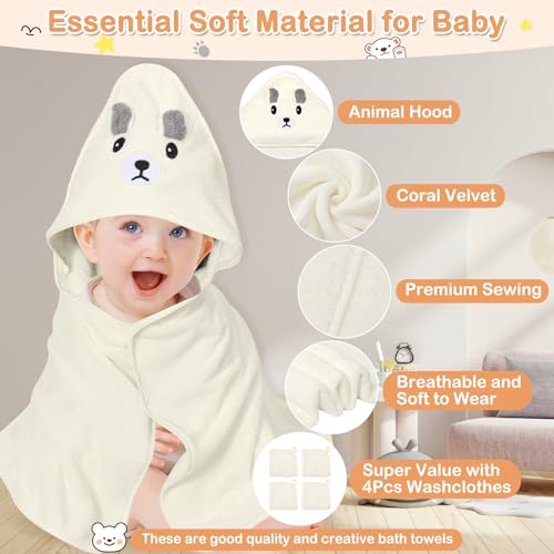 Image of Sublaga 4 Pcs Baby Towels Set, 32x32 in Hooded Bath Towel and 3 Pcs Baby Washcloths for Newborns, Toddlers, and Kids, Soft Baby Towels and Washcloths Set for Boys and Girls (White Bear)