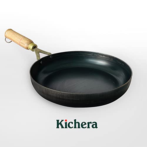 Image of Kichera Iron Fry Pan with Wooden Handle 24cm /10 inch, 1.5Ltr, 1kg | Gas Stove and Induction Friendly | Pre-Seasoned Black Flat Sheet Metal Iron Traditional Frying Pan