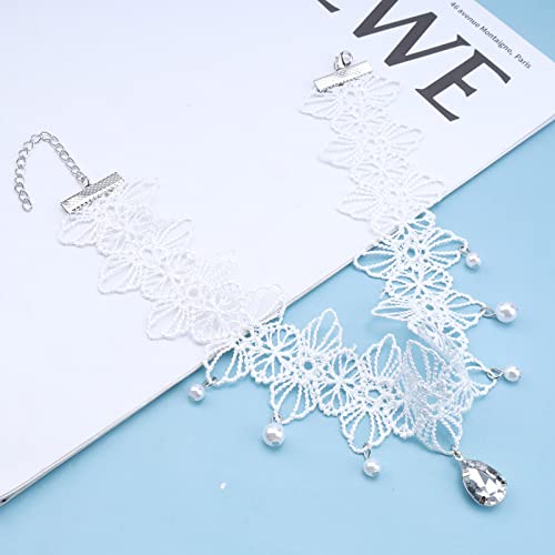Aneneiceera Boho White Lace Choker Necklace White Teardrop Crystal Pendant Necklace Choker Pearl Droplet Collar Necklace Vintage White Necklace Chain Jewelry For Women And Girls(White C) #TOP2