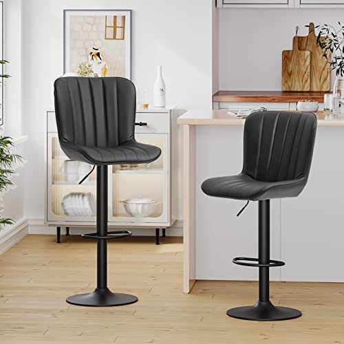 Dictac Leather Bar Stools Set Of 2 Black, Swivel Bar Chairs Set Of 2, Adjustable Counter Height Barstools For Kitchen Island, Capacity 400Lbs #TOP3