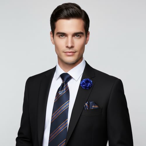 Image of 5PCS Mens Premium Silk Tie, Pocket Square, Cufflinks, Drilled Tie Ring and Lapel Pin Set for Wedding Groom Party