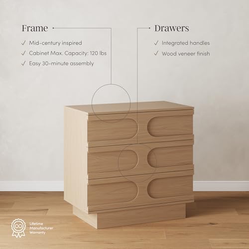 Image of Nathan James Iris 3 Drawer Dresser, Mid-Century Modern Solid Wood Dresser for Bedroom, Raw Oak