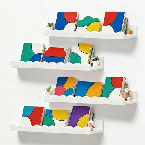 Nursery Book Shelves, Set of 4 Floating Book Shelves, Scalloped W...