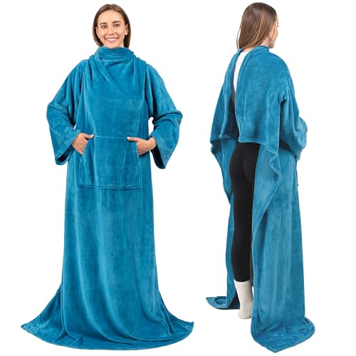 PAVILIA Teal Blue Fleece Wearable Blanket with Sleeves for Adults Women Men, Soft Warm Full Body Wrap Throw, Sweatshirt Pocket, Cozy Pullover Robe Blanket with Arm, Gifts for Christmas Mom Wife