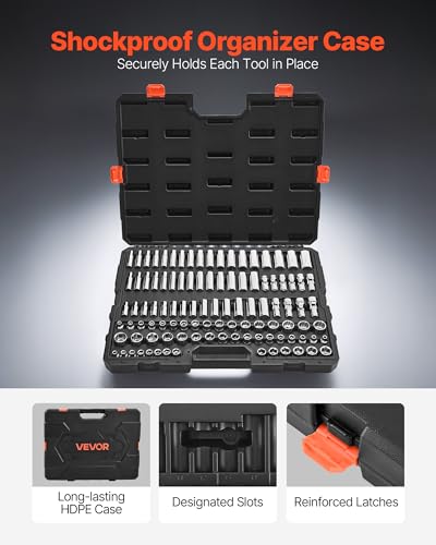 Image of VEVOR Socket Set, 104 Pieces, 3 /8 inch Drive Socket Tool Set, Metric Size from 6 to 24 mm, Deep and Standard, Mechanic Tool Kit with Storage Case, Chrome Plated CR-V Alloy Steel, for Automotive Repair