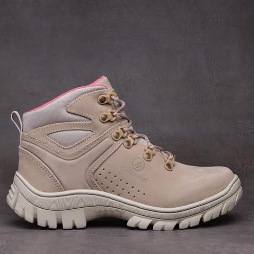 Bota Feminina Trilha Adventure Arizona Blaqueada em Couro Legítimo Palmilha de Gel (Areia e Rosa, BR
