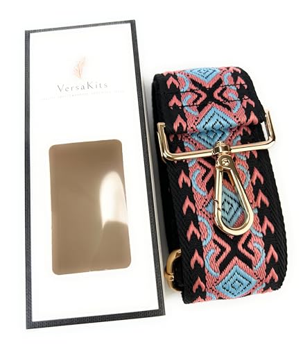Image of Black Pink Blue Boho Diamond Purse Strap with Light Gold Hardware 2 Inch Wide Replacement Crossbody Guitar Style Shoulder Strap for Handbags Totes