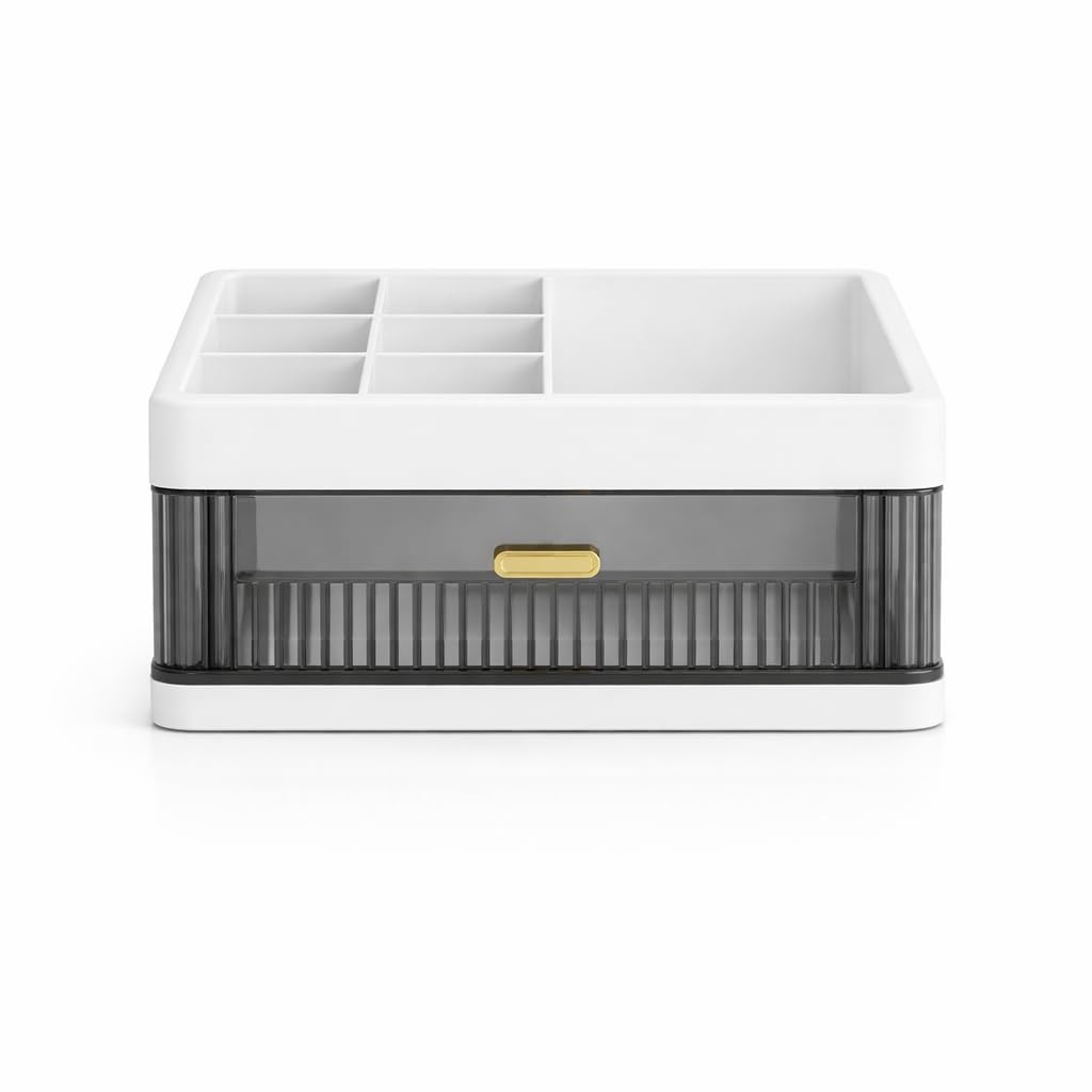 HoopVool® Countertop Organizer with Drawers Plastic Storage for Makeup Brush,Hair Accessories,Jewelry,Skincare Vanity Display, Skin Care Products, Office Desk Organizer (White-2, Layer-1)