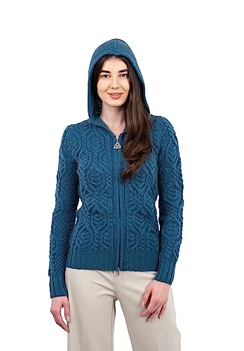 Image of SAOL Women's Hooded Zip Cardigan - Pure Merino Wool Irish Sweater - Warm & Breathable Outer Layer
