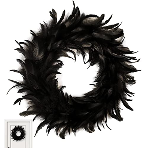 Yeeda Halloween Feathers Wreath, 16 Inch Black Feathers Wreath For Front Door, Natural Feathers Wreath Decorations, Spooky Scene Party Photo Props