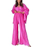 ARTFREE Womens Loungewear Set 2 Pieces Pleated Outfits Sweatsuits Casual Long Sleeve Button Down ...