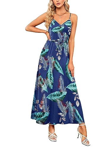 Image of HUSKARY Womens Summer Sleeveless V Neck Spaghetti Strap Pockets Beach Boho Vacation Casual Spring Maxi Dress