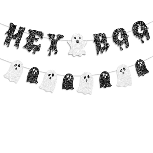 Pre-Strung Halloween Banner Decorations Glittery Black Hey Boo Ghost Party