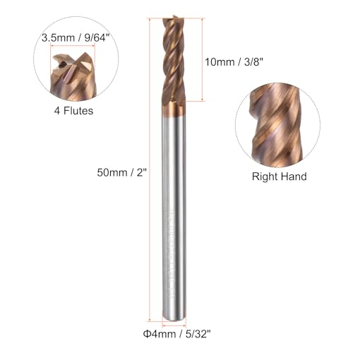 Image of HARFINGTON Carbide Square End Mill 3.5mm (9 /64 inch) Dia 4mm (5 /32 inch) Shank 50mm (2 inch) Long HRC55 TiSiN Coated Micro-Grain Tungsten Carbide 4 Flutes Milling Bit Cutter