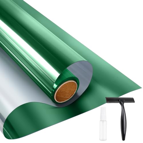 Image of KESPEN Window Film One Way Daytime Privacy Static Cling Sun Blocking Anti UV Reflective Window Tint for Home and Office, Green-Silver, 23.6 Inch X 6.5 Feet