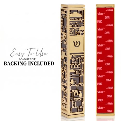 Image of SURI Mezuzah for Door with Scroll, 7 Inch Gold and Gray Mezuzah Case with Non Kosher Scroll Inside, Fits a up to 6 Inch Scroll, Includes Adhesive and Gift Box