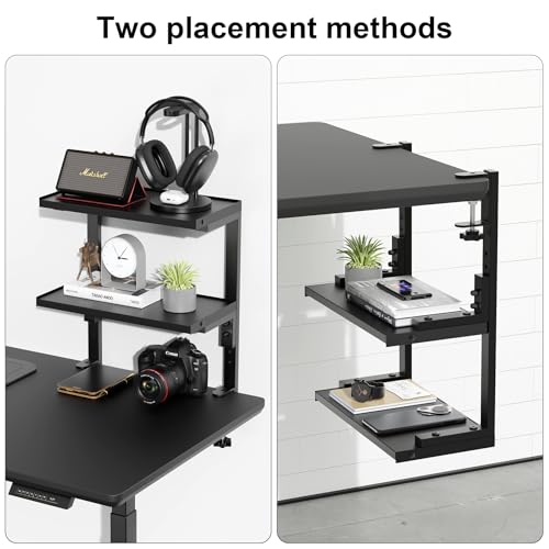 Image of 2-Tier Desk Shelf, Black | Desk Organization Expandable Clamp on Desk Shelf Desktop Accessories for Offices and Game Rooms