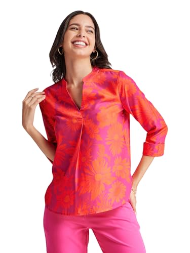 Image of FableStreet Women Shirt Work & Casual | Relaxed Fit Mandarin V-Neck Three-Quarter Sleeves Solid Pattern | Breathable Woven Fabric for Office & Everyday Wear