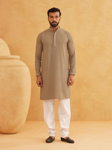 Image of Sojanya (Since 1958 Men'S Geometric Embroidered Thread Work Cotton Straight Long Kurta