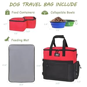 WOLT Dog Travel Bag Dog Bag for Traveling and Supplies with 2 Collapsible Bowls, 2 Food Containers, 1 Place Mat, Red WOLT Dog Travel Bag Dog Bag for Traveling and Supplies with 2 Collapsible Bowls 2 Food Containers 1 Place Mat Red