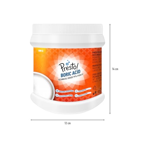 Image of Amazon Brand - Presto! Boric Acid Powder | 500 Gram | Technical Grade 99% Pure | Multipurpose Use for Pest Control, Cleaning, & Carrom Board