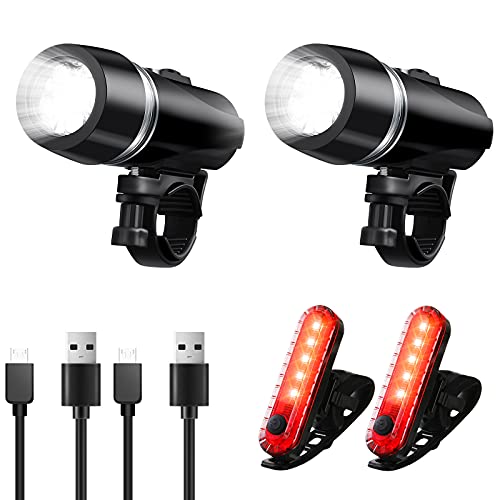 Bright USB Rechargeable Bike Light Set Waterproof Headlight and Taillight Safety Bicycle Front Headlight and Back Taillight for Men Women Kids Road Mountain Cycling (White, Red,4 Pieces)