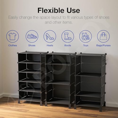 Image of 5 Shelf Shoe Rack with 5 Doors, Magnets, 5 Hook Steel Holder & Wooden Hammer for Home Storage PP Plastic Organizer with Metal Door Frame to Cover Chappal Slipper Sandals Shoes Box Stand (Black)