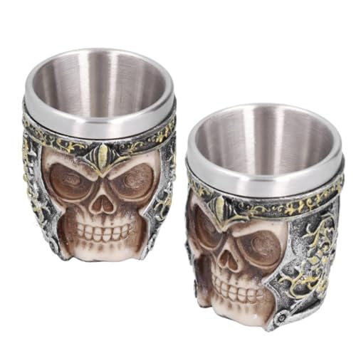 Beufee verre tete de mort, 2pcs Tête de mort Gobelet à vin, verre halloween, verre crane, Horrible Résine Acier Inoxydable Crâne Gothique Verres à...